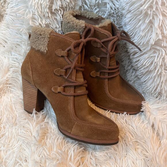Ugg Annalise Chestnut Lace Up Suede and Sheepskin Heeled Booties Size 6 - Picture 12 of 13